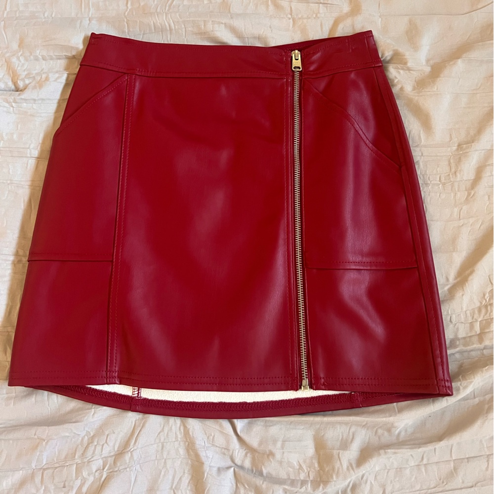 Express Mini silhouette, red faux leather skirt